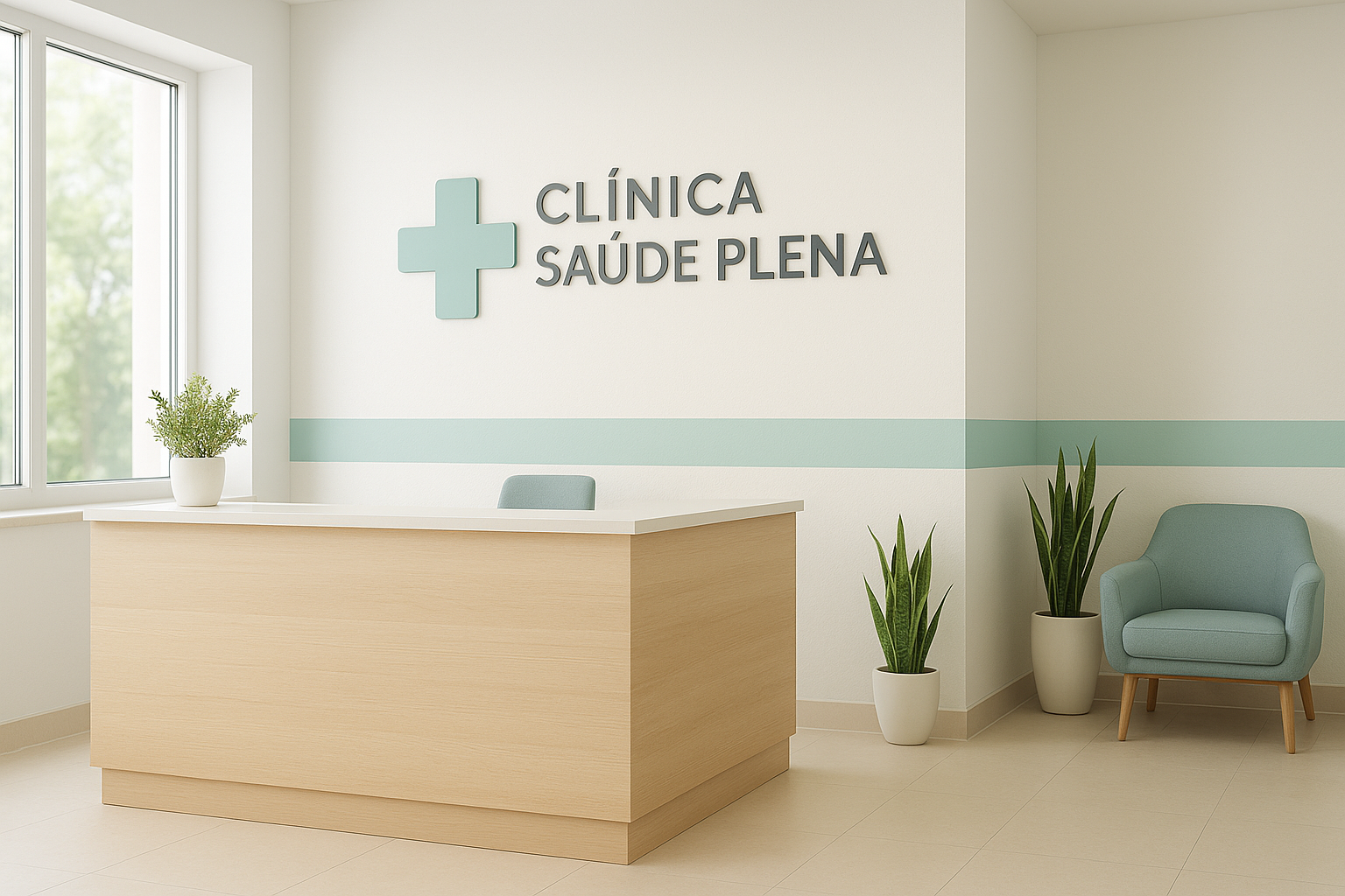 Recepção moderna da Clínica Saúde Plena